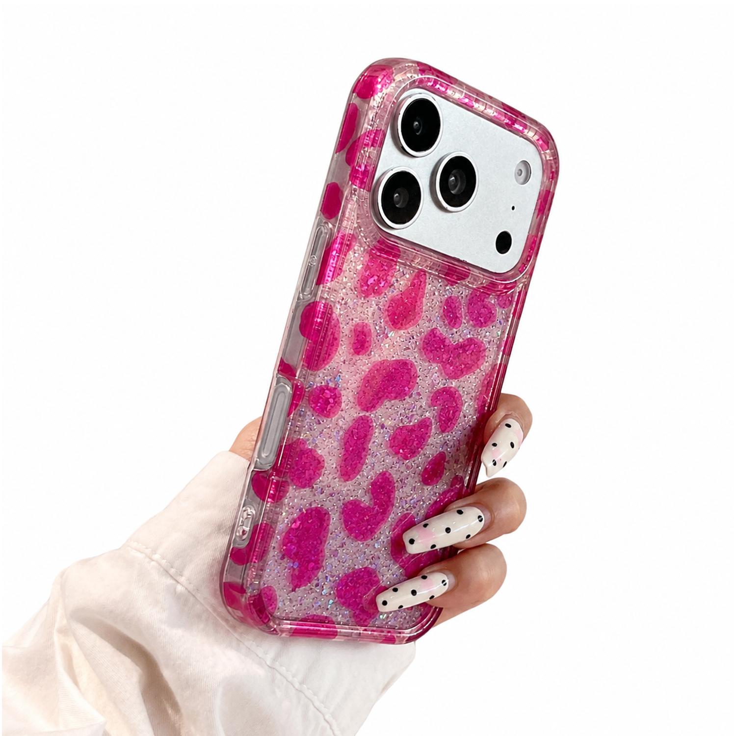 For iPhone 17 16 15 Pro Max Leopard Print Shockproof Cute Luxury Bling Sparkle Translucent Clear Vintage Cheetah Print Silicone Phone Case for Girls Women