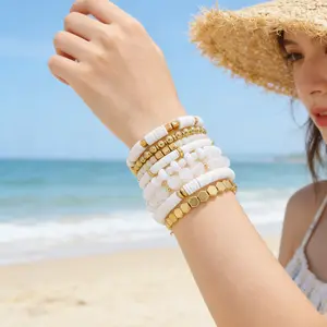 Bohemian Stackable Bracelets for Women, White Clay Heishi Beaded Stretch Bracelet Set, Aesthetic Beach Boho Jewelry Gift for Her Fashion Accessories