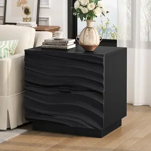 Black Modern Curved Drawer Nightstand 23.62 Inch Pine Ash Wood MDF Construction Silent Metal Slide Rail High Weight Capacity Handle-Free 2-Drawer Freestanding Storage Side Table for Bedroom Living Room