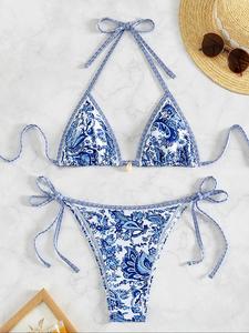 women's all over print tie back bikinis set, chic halter neck swim bra & tie side swim thong, ladies swimsuit for summer beach holiday vacation, valentine's day gift
