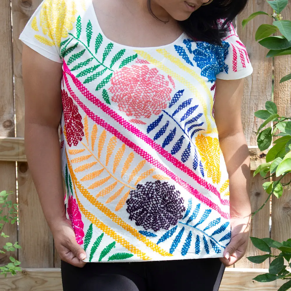 Women's Palmita Huipil Blouse - Hand-Embroidered Floral Birds, 100% Manta Cotton, Lightweight, Airy Texture, Loose-Fit Sleeveless, Colorful Style Top from Oaxaca