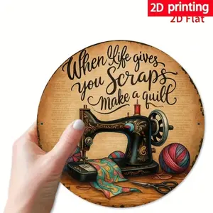 Vintage Sewing-Themed Aluminum Wall Art Decor 8x8 Inch Retro Rustic Design Quilting Motif with Sewing Machine and Fabric Swatches Design When in Doubt Sew it Wall Sign for Home Craft Room
