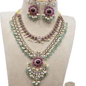 Elegant Multi-Layered Necklace Set with Purple & Green Stones and Pearl Accents for Special Occasions