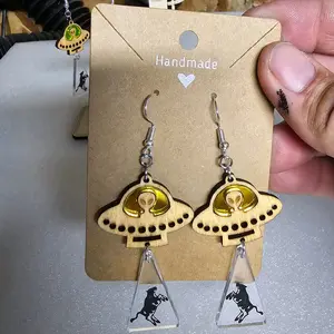 93) Wood and Acrylic UFO Earrings.