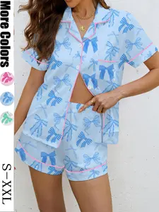 Women's Bowknot Printed Pajama Set, Summer Vacation Casual Outdoor Wear, Soft Shirt Collar Top & Elastic Shorts, Home Comfort Sleepwear