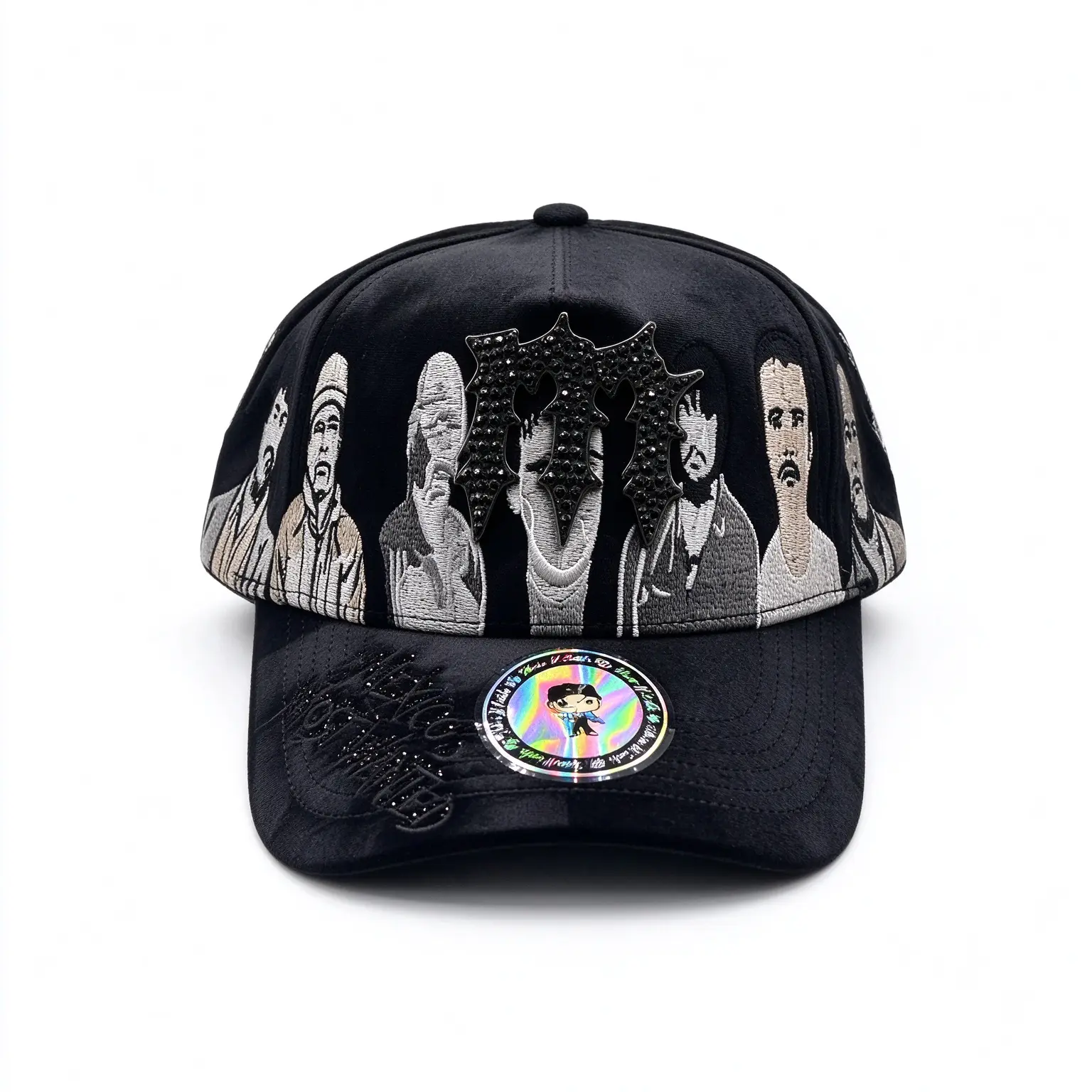 Black Satin Baseball Cap with Rappers Embroidery & Bling Rhinestones