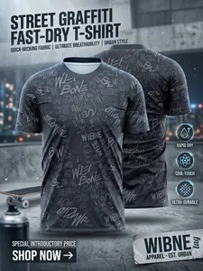 Travel Essential All over Print T-Shirt, Quick-Dry Moisture-Wicking, Outdoor Adventure Streetwear, Fitted Casual Style, Short Sleeve