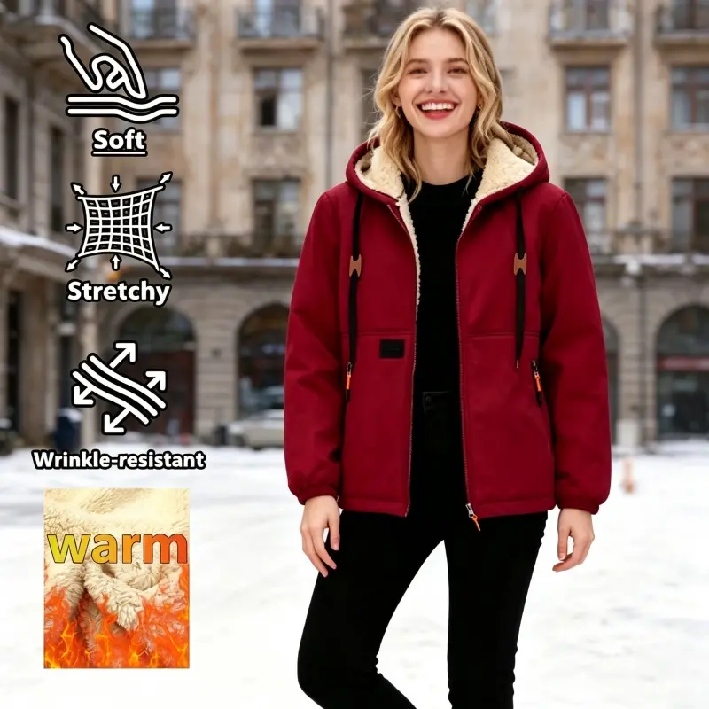 Women’s fleece-lined, thick hooded jacket—an insulated outerwear piece for autumn and winter with a casual sporty design, zip closure, and sewn-on label detailing. Suitable for outdoor sports and casual wear in fall/winter, commuting to work, and as a gif