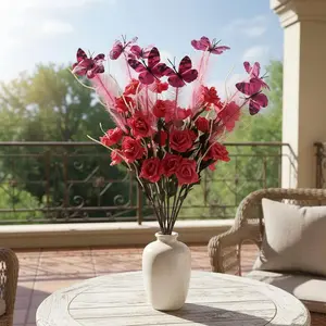 5pcs Realistic Butterfly Triple Rose Flower Arrangement, Bamboo Grass Home Decor Forest Decoration, Plastic Fake Greenery Camping Ornament