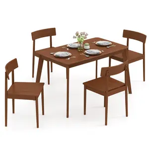 COSTWAY - 5 Piece Wood Dining Table Set with Rubber Wood Frame and 4 Chairs-Walnut