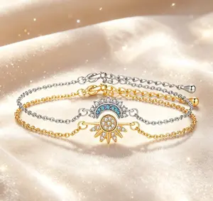 Sun & Moon Matching Bracelet Set - 2Pcs Adjustable Layered Bracelets with Cubic Zirconia, Gold & Silver Two-Tone Celestial Jewelry Gift for Couples & Best Friends