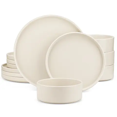 vancasso VENUS 12-Piece Stoneware Dinnerware Set, Modern Minimalist Plates & Bowls Set for 4, Matte Finish, Microwave & Dishwasher Safe