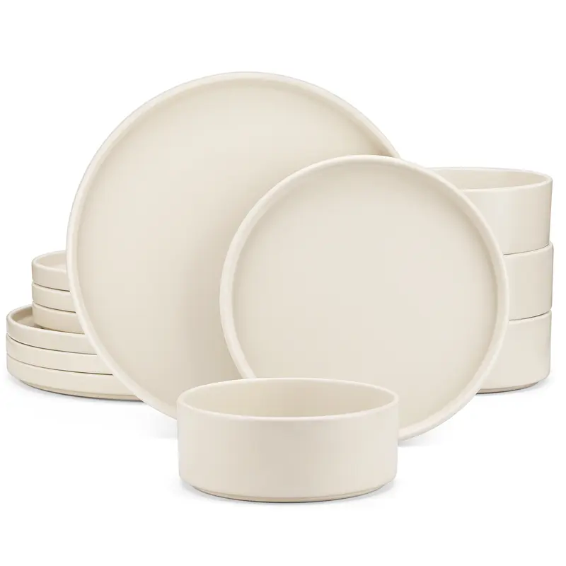 vancasso VENUS 12-Piece Stoneware Dinnerware Set, Modern Minimalist Plates & Bowls Set for 4, Matte Finish, Microwave & Dishwasher Safe