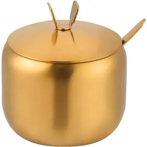 10oz Sugar Bowl with Lid and Spoon Stainless Steel Condiment Container for Kitchen Ghee Container Coffee Table Gold Spice Jars for Seasoning