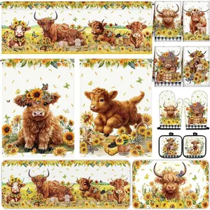 13 Pcs Farmhouse Highland Cow Kitchen Decor Set 3 Cow Kitchen Curtains Valance 2 Sunflower Rugs and Mats 4 Towels 2 Pot Holders 2 Oven Mitts for Home Decor Cooking Grilling Housewarming Gift
