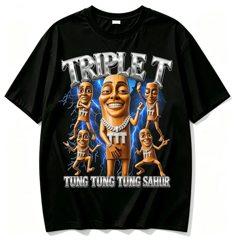 Loose Fit Cotton Retro Hip Hop Lightning Triple T Character Print Tshirt Viral Meme Streetwear Cotton Short Sleeve Top