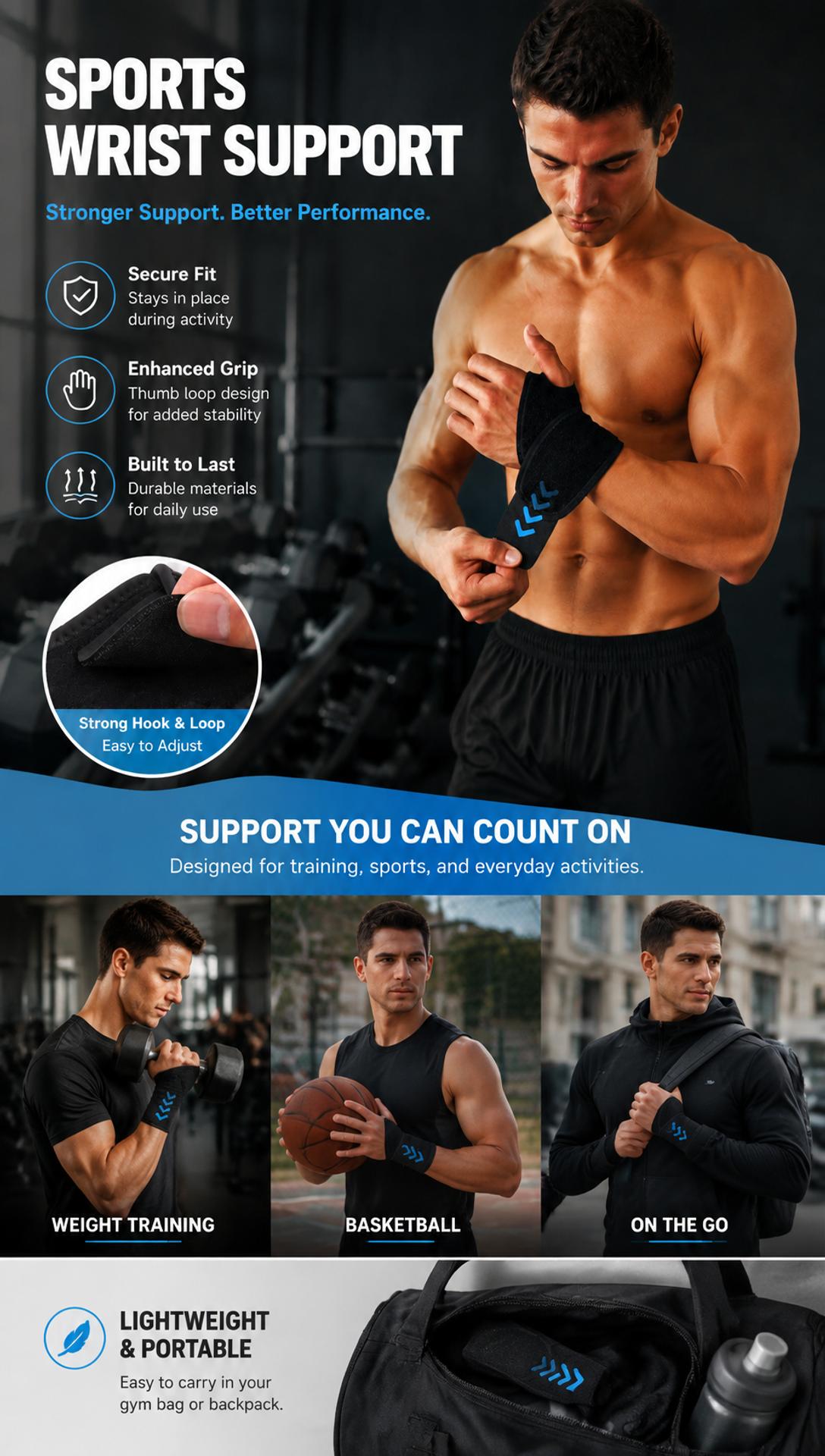 Adjustable Sports Wrist Support Brace, Breathable Wrist Wrap for Gym Workout, Weightlifting and Daily Activities