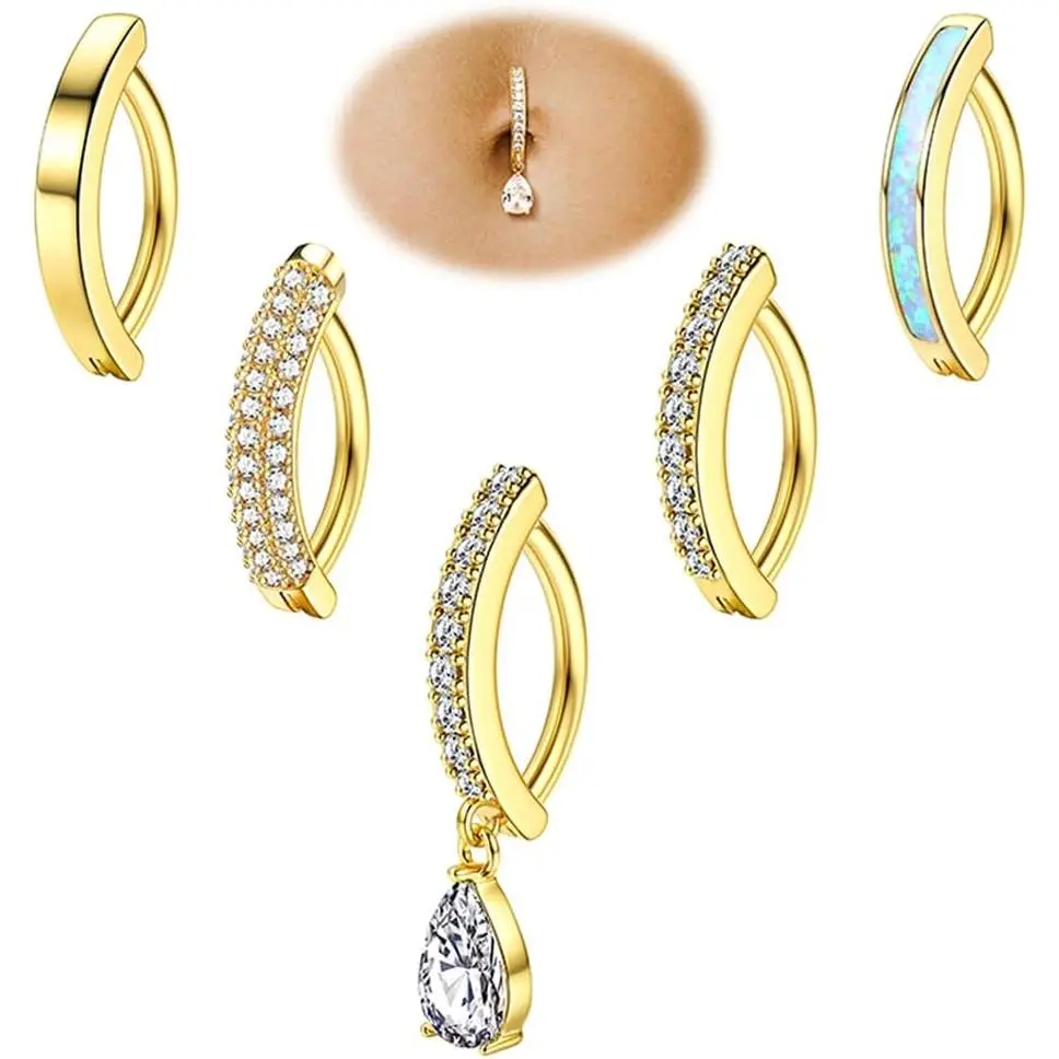 FIASASO 5-Count Female Belly Button Rings Set, 14G Short Opal Silver Gold Clicker Navel Piercings, Simple Dangle CZ Geometric Hypoallergenic Body Jewelry for Reverse Piercings