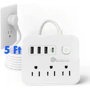 Surge Protector Power Strip with USB C, Heavy Duty Extension Cord - (7-in-1) 3 AC Outlets, 4 USB Ports, LED /Off  - Compact & Travel Friendly - , Office. (5ft)