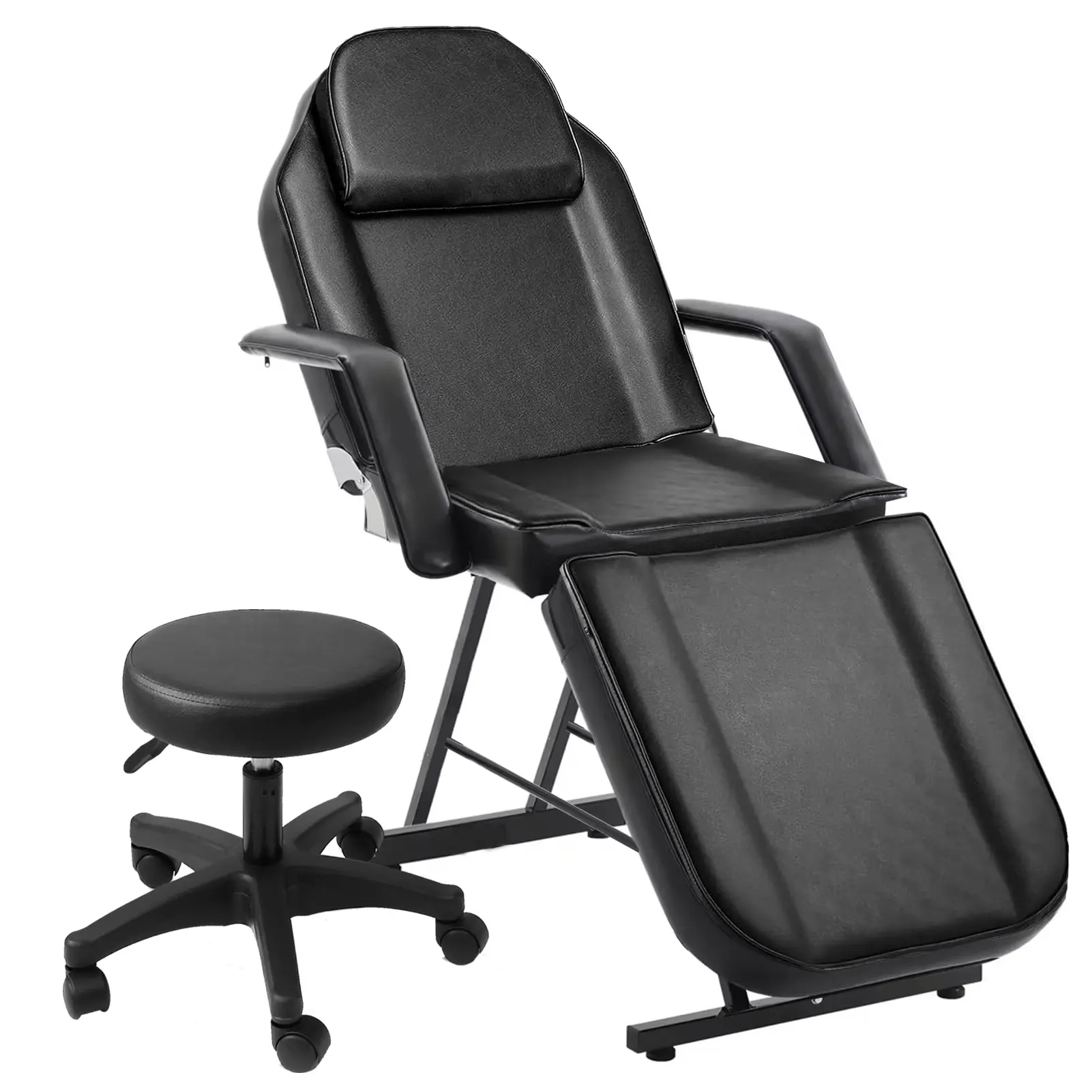 3-Section Tattoo Chair Adjustable Professional Salon Massage Bed Tattoo Bed Chair with Spa Stool and Towel Hook for Barber Spa Beauty Equipment