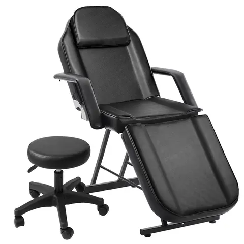 3-Section Tattoo Chair Adjustable Professional Salon Massage Bed Tattoo Bed Chair with Spa Stool and Towel Hook for Barber Spa Beauty Equipment
