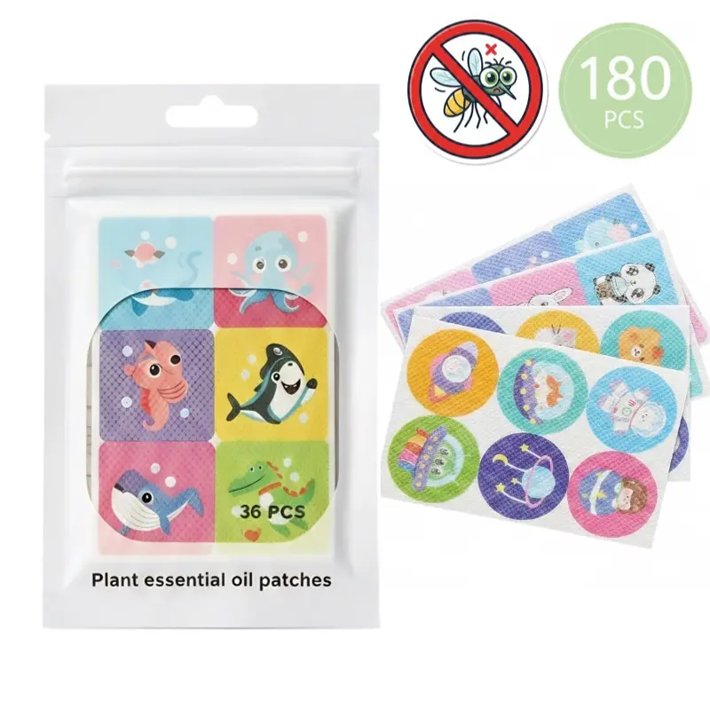 Aromatic Essential Oil Patches, 180 Pcs - DEET-Free Gentle Stickers with Cute, Bright Designs for Kids, Ideal for Outdoor Family Activities, Children, Easy Adhesion, Botanical Oils, Re-Sealable