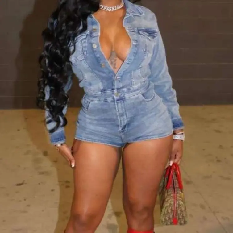 Long Sleeve Shorts Denim Romper - Casual Style Denim Romper with Long Sleeves and Shorts Design