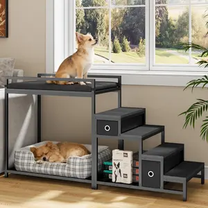 Pet Bunk Bed with Stairs and Storage, Dog Beds Attachment to Human Bed, Bedside Dogs Cot for Small, Medium Cats & Dogs, Pet Window Perch (Black)