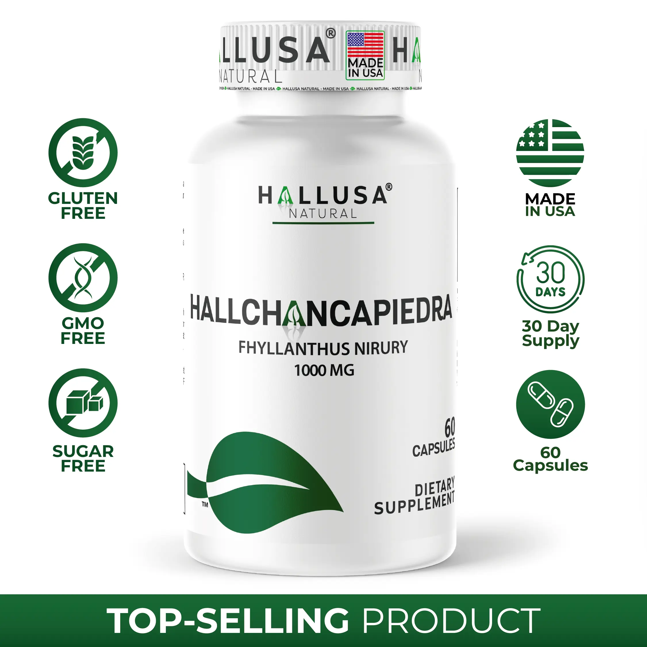 HALLUSA NATURAL Hallchancapiedra 1000 mg Supplement Pure Chanca Piedra for Kidney Stone Breaks 60 Capsules Gluten Free GMO Free Sugar Free US Made Edible Healthcare Dietary Supplement