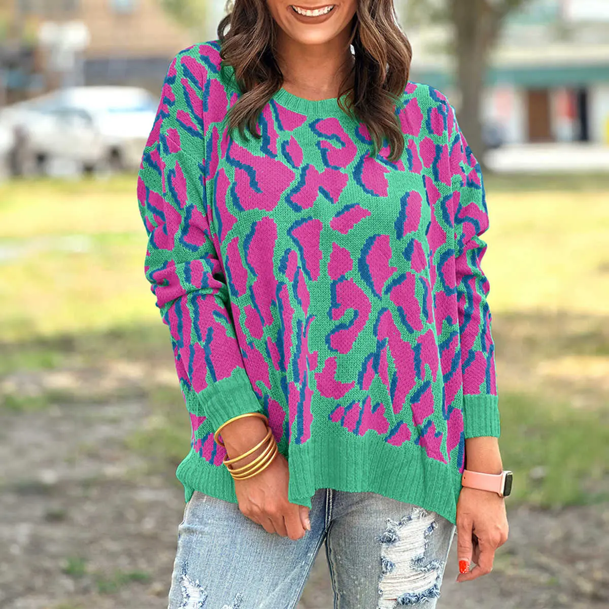 Green Abstract Print Ribbed Trim Baggy Sweater