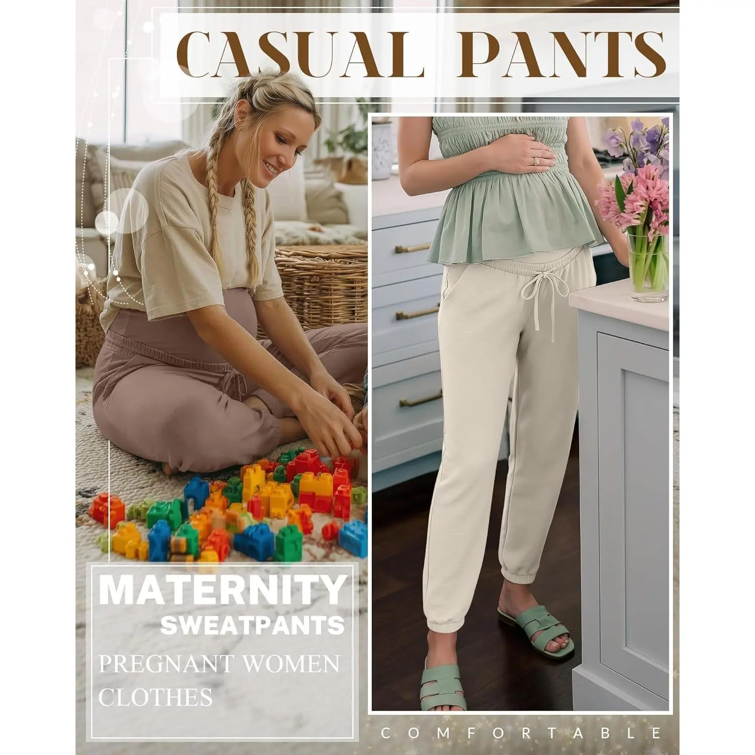 3 Pack Women's Maternity Pants Over The Belly Pregnancy Joggers Stretchy Drawstring Leggings with Pockets 3 Pack Women's Maternity Pants Over The Belly Pregnancy Joggers Stretchy Drawstring Leggings with Pockets