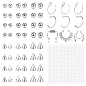 JFORYOU Fake Eyebrow Ring Fake Lip Labret Studs Replacement Balls Spike with 100pcs Sticker Non-Piercing Body Jewelry Fake Skin Piercing