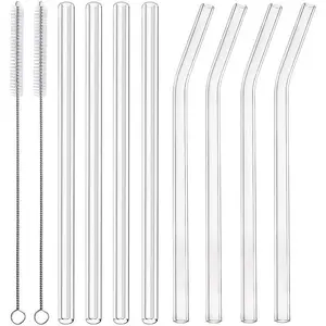 10 count of  borosilicate glass straws and brushes, measuring 7" x 8mm, including 4 straight tubes, 4 elbows and 2straw brushes, for juices, coffee and