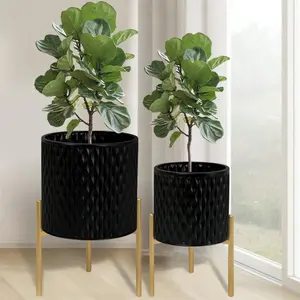 Pots with Stand, Set of 2 Planters,  Mid Century Decorative Metal Flower Pots with Drainage, 8.25 & 10.5 Inch, Black