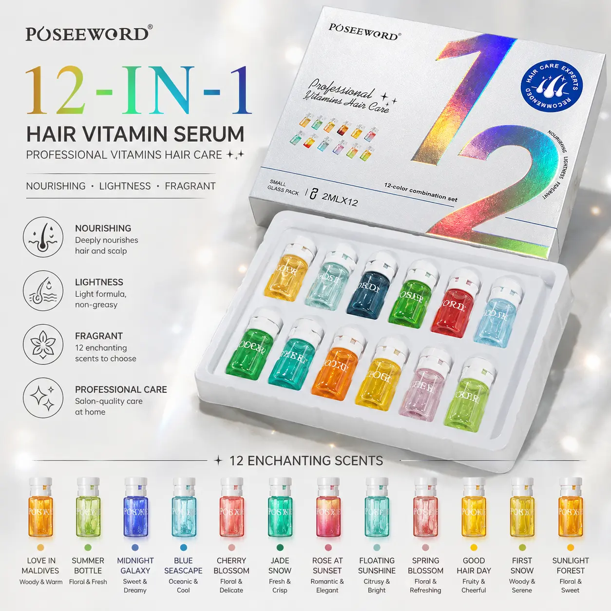 POSEEWORD 12-in-1 Hair Vitamin Serum Set, 12 Fragrance Hair Oil Ampoules for Nourishing, Smoothing & Shining Hair, Lightweight Non-Greasy Leave-In Hair Care, 2ml x 12 Vials