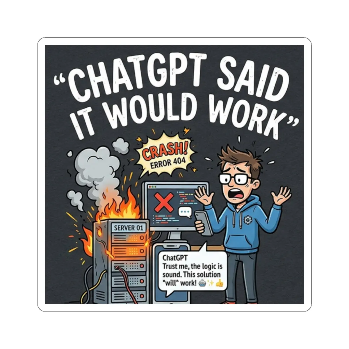 "ChatGPT Said It Would Work” Funny IT Tech Humor AI Fail Laptop Decal Sticker