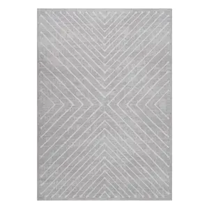 2 x 6 ft Polyester Light Grey Rectangular Hallway Entryway Bathroom Kitchen Geometric Stripped Lines Print Modern Machine Washable Runner Rug-A