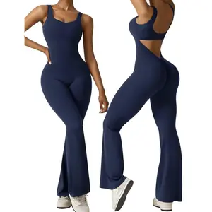 Sporty fashion yoga gym wear seamless jumpsuit yoga yoga fitness knee legging waist beauty back jumpsuit yoga clothes flared pants hip lifting tight sleeveless sports fitness jumpsuit women quick drying