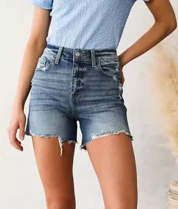 High Rise Stretch Denim Shorts for Women Stretchy Casual Raw Hem Hot Shorts with Pockets