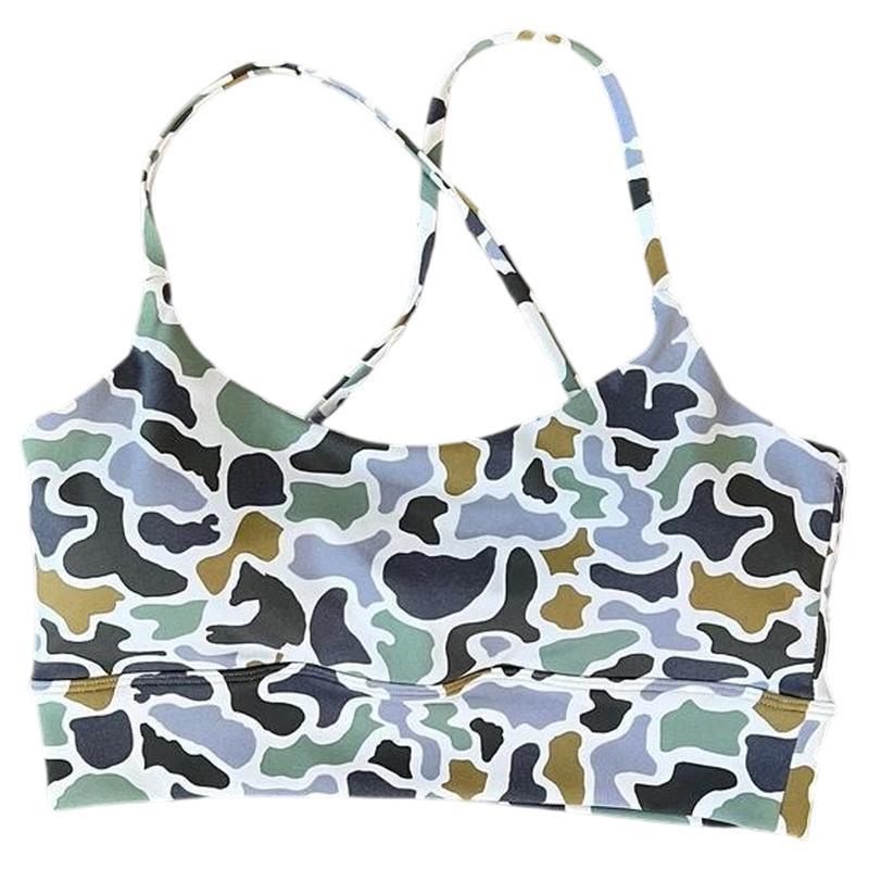 Women's Camouflage Print Sports Bra, Crisscross Back Fun Yoga Fitness Bra with Medium Support, Breathable Stretchy Workout Bra for Gym, Yoga, Running & Daily Active Wear, Trendy Camo Activewear Top