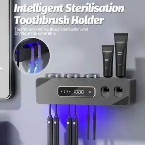 Renter Friendly Smart Toothbrush UV Sanitizer Holder – Wall Mounted Drill-Free with Warm Air Drying, Automatic Toothpaste Dispenser, LED Display – Bathroom Organization & Clean Girl Aesthetic Home Gift, Magnetic, Plastic