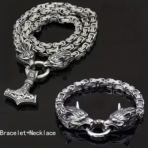 1set Vintage Viking Wolf Head Talisman Necklace & Bracelet Set - Nordic Hammer Pendant Necklace, Stainless Steel King Chain Punk Hip Hop Style - For Men & Women - Perfect Gift for Parties & Everyday Wear -  Gift for Friends