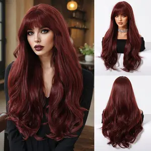 [Long Wavy Wig with Bangs] Luxurious Burgundy Long Wavy Wig with Bangs for Women - Heat Resistant Synthetic Fiber, Loose Curly Style, Ideal for Christmas & Party Celebrations, Includes Rose Net Cap, Wig Accessories