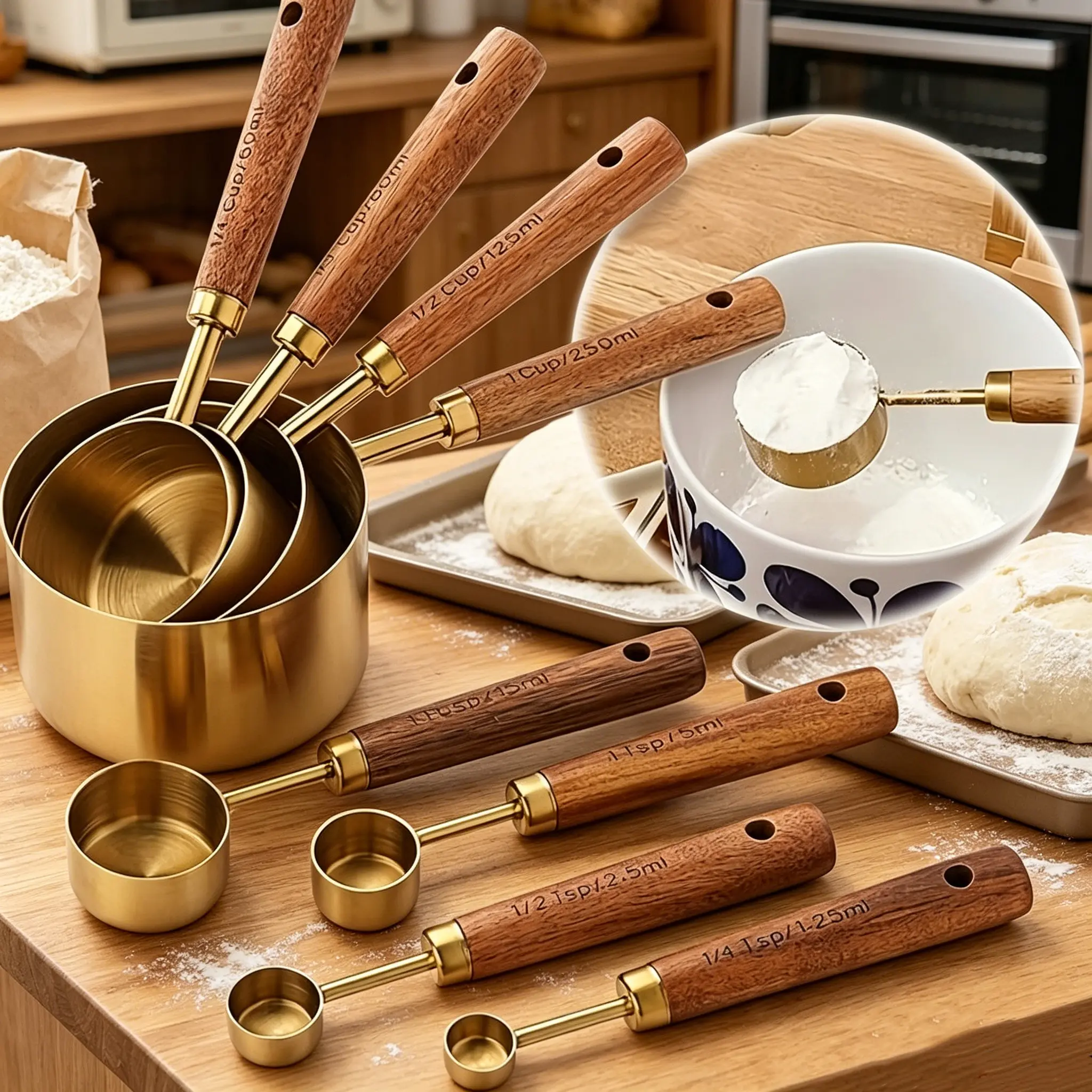 Vintage Gold 8-Piece Kitchen Measuring Utensils Set - Stainless Steel Spoons & Cups, Sturdy Food Measuring Tool, Multifunctional Vintage Set for Baking, Cooking, Multifunctional Measuring Utensils