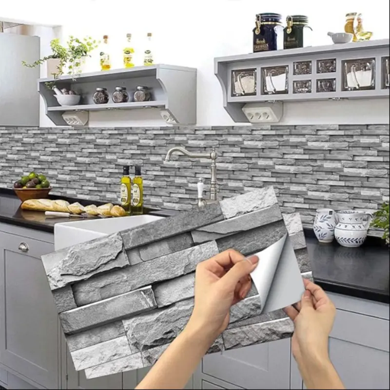2D Flat Peel and Stick Stone Brick Wall Tiles, Self-Adhesive Waterproof Backsplash Panels, Modern Stacked Stone Design, Easy Installation & Removable, Interior Walls