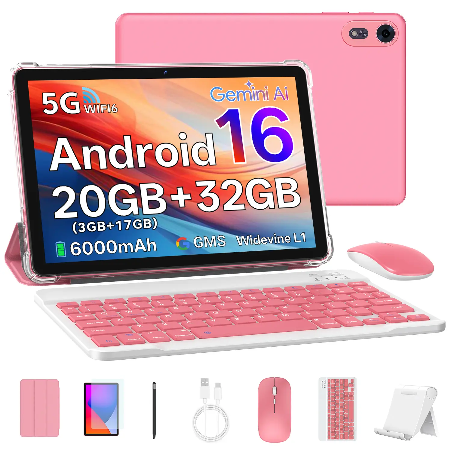 Tablet 10 Inch, Android 16 Tablet with Keyboard, 3GB base,17GB expand + 32GB ROM, Pink | 1280 x 800 HD IPS, 6000mAh, WiFi 6, BT 5.4, Dual Camera, Mouse, Stylus,for kid’s Gift
