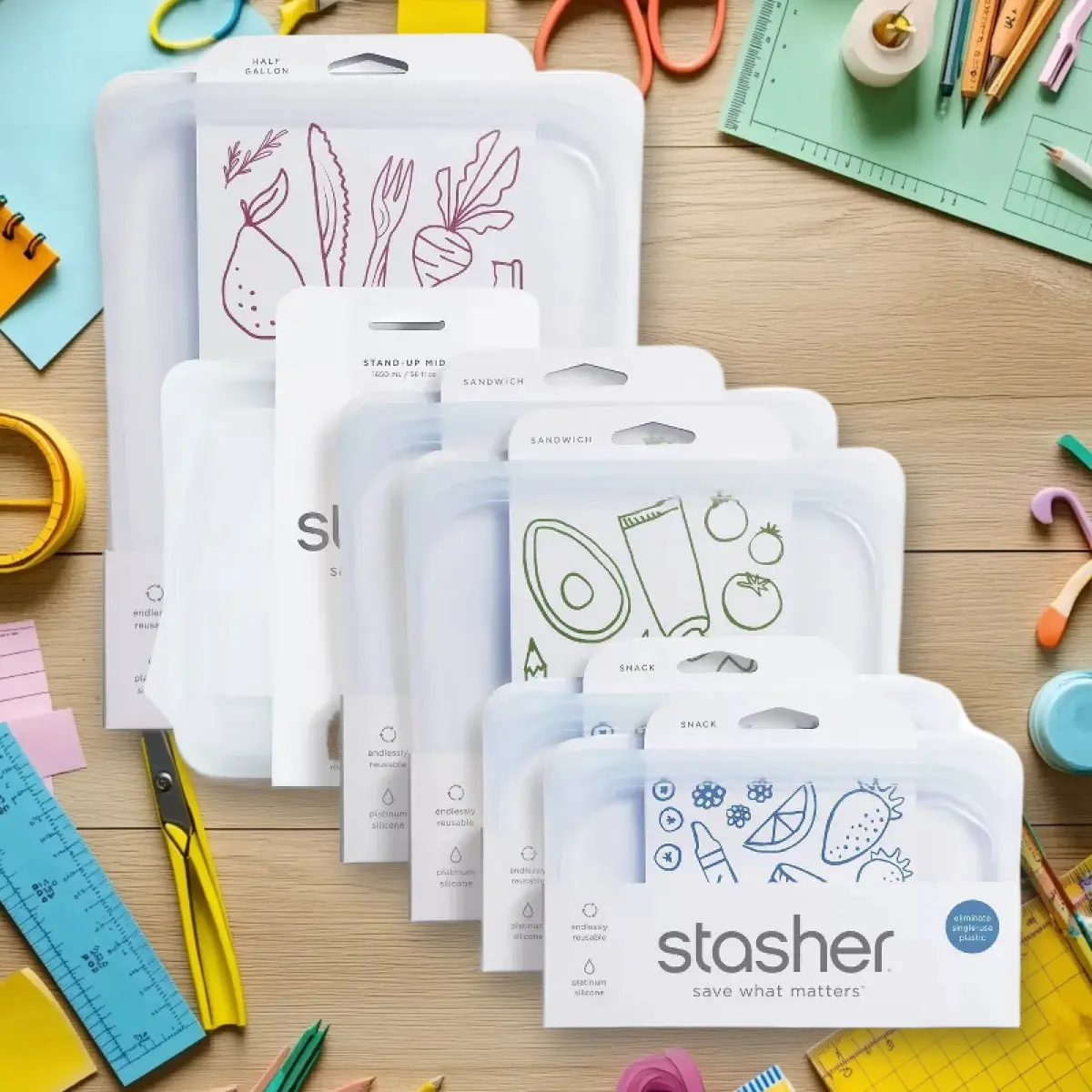 Stasher Reusable Bags Starter Set Plus 6pk Clear - Reusable Food Bags, Starter Set, 6pk Clear, Eco-Friendly, Leak-Proof, BPA-Free, Value Pack