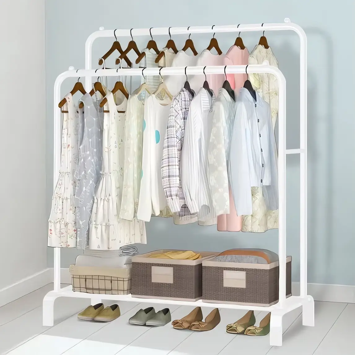 Heavy-Duty Carbon Steel Freestanding Clothing Rack, 59" Height Hanging Clothes Stand with Double Hanging Rails, Bottom Shelf, 4 Hooks & Shoe Shelves, White