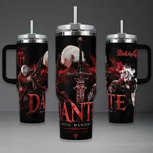 Dante Devil May Cry Awakened Tumbler, DMC Legendary Devil Hunter 40oz Cup with Handle, Rebellion Sword Action 20oz Stainless Steel Travel Mug, Gamer Gift, Dante Inspired Insulated Tumbler Featuring Epic Red & Black Design.