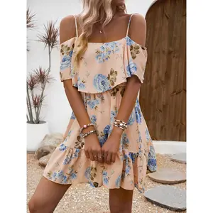 Women'S Floral Print Cold Shoulder Dress with Ruffle Hem - Sleeveless A-Line Flowy Dress for Spring & Summer, Lightweight Polyester, Beige with Blue Floral Patterns, Perfect for Casual or Vacation Wear, Cute Dresses